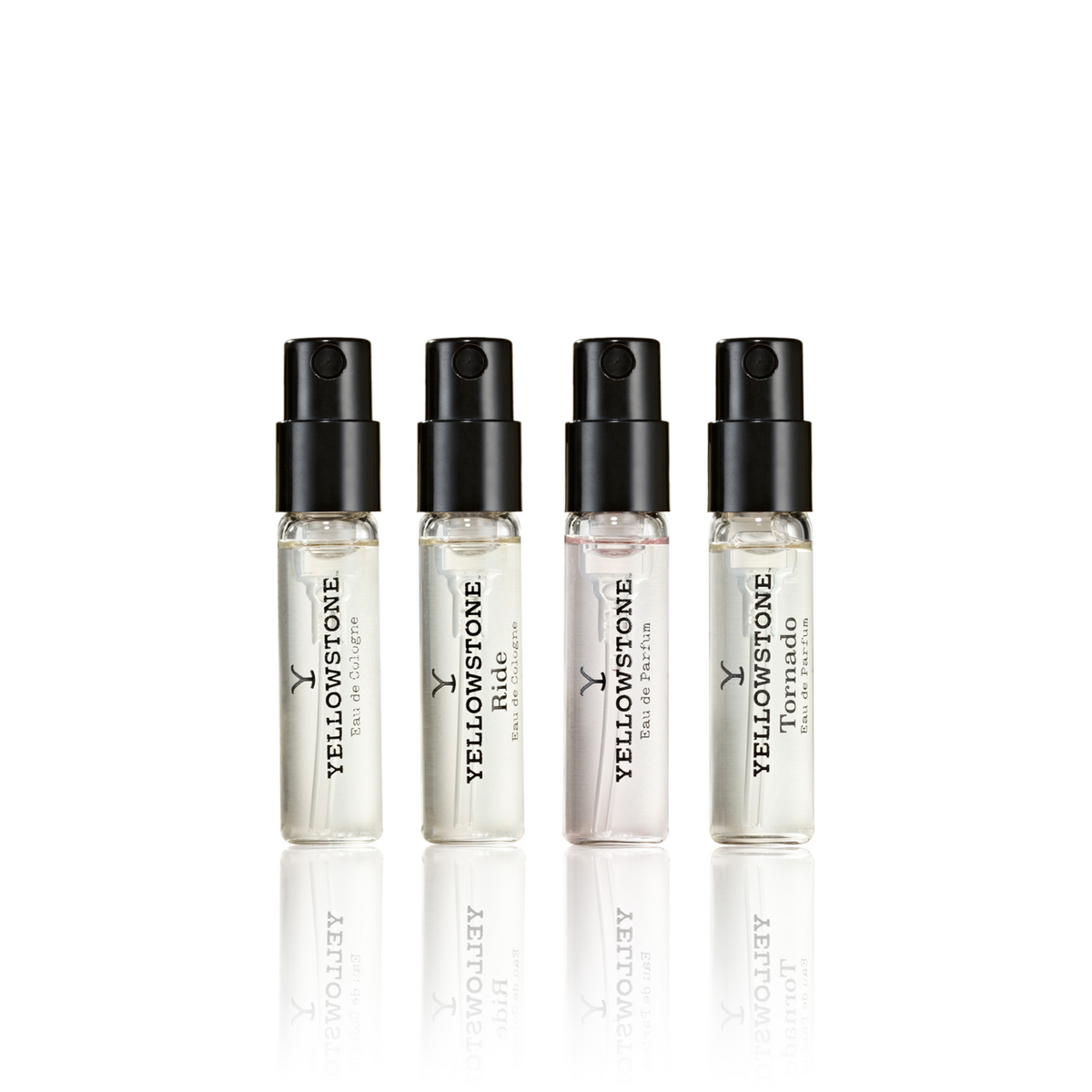 Four Yellowstone perfume samples on a white background