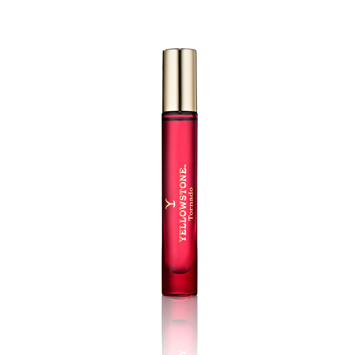 Red Yellowstone perfume bottle with gold cap on a white background