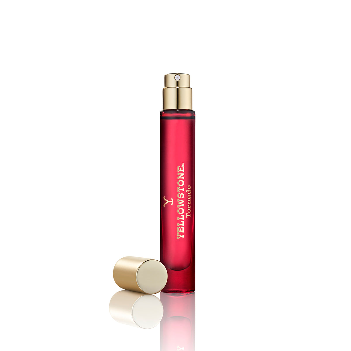 Red and gold bottle of Yellowstone Tornado perfume on a white background