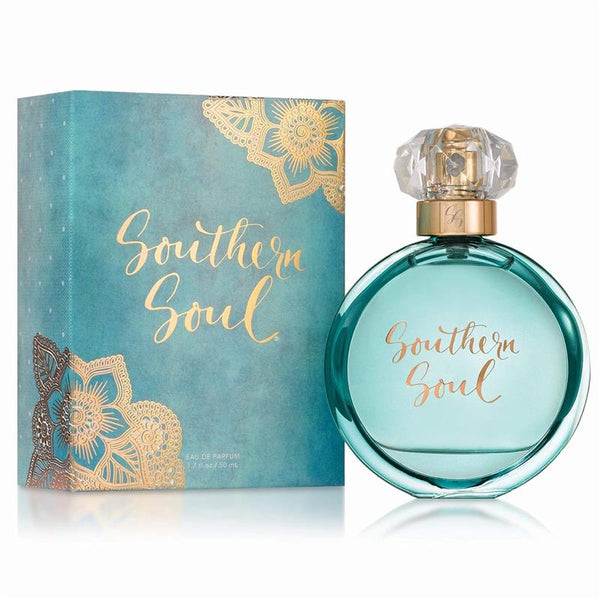 Perfume bottle and packaging with 'Southern Soul' branding on a white background