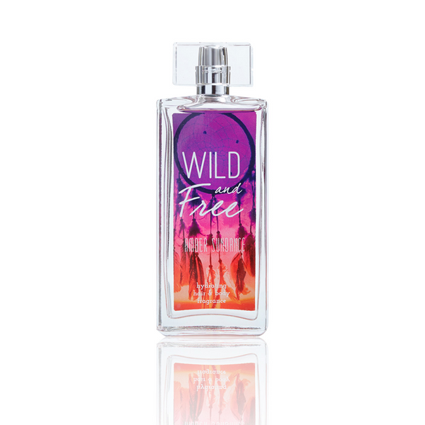 Perfume bottle labeled 'Wild and Free' on a white background