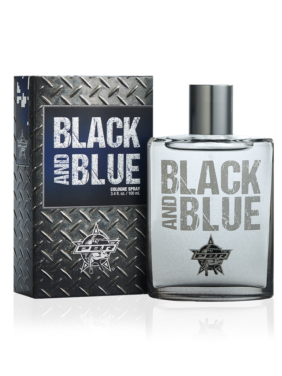 Black and Blue cologne bottle and packaging on a white background