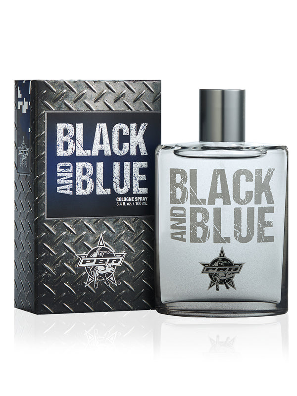 Black and Blue cologne bottle and packaging on a white background