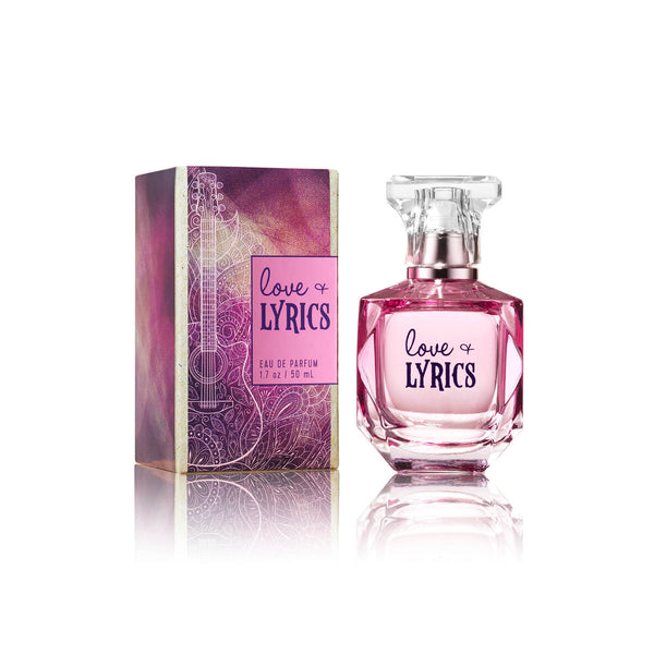 Perfume bottle and packaging of 'Love Lyrics' on a white background