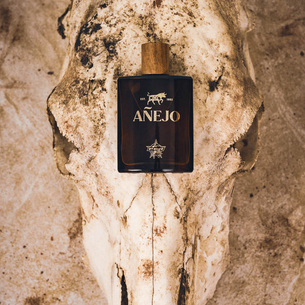 Anejo Perfume bottle on a textured stone surface