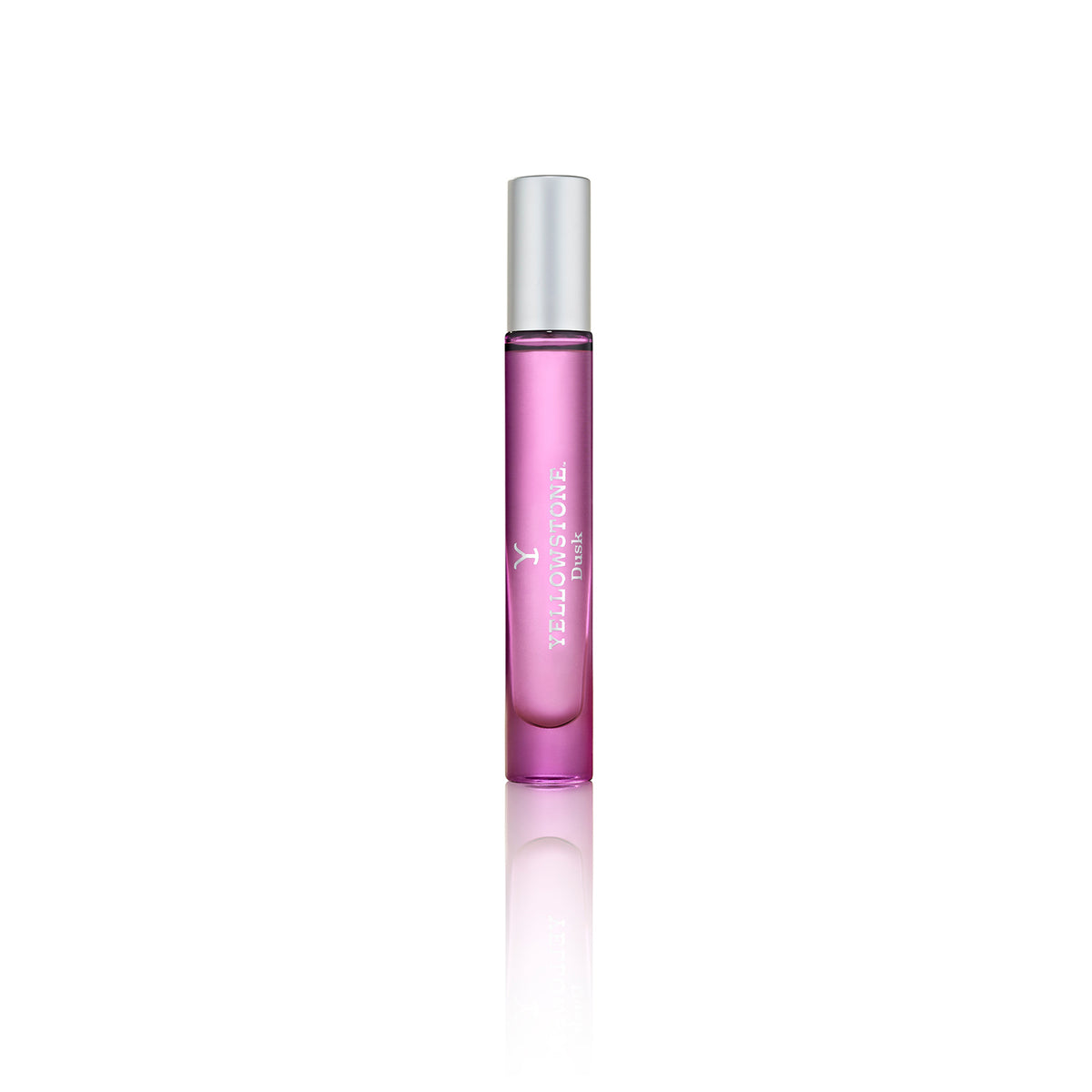 Pink rollerball perfume bottle with silver cap on a white background
